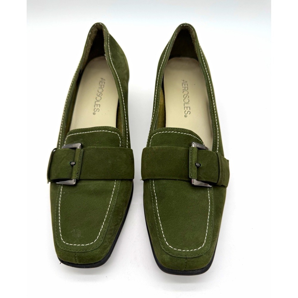 Aerosoles Heard It Women's Green Leather Loafer 6.5 M Comfort Buckle Slip-On